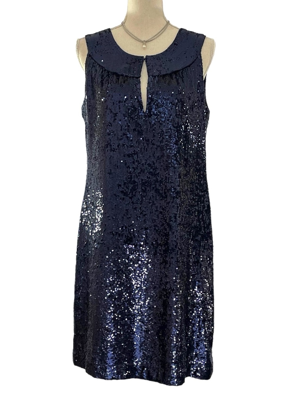 π«Ά Tory Burch Kylie Silk Sequined Navy Blue Sheath Dress ~ Size 10 - Picture 4 of 9